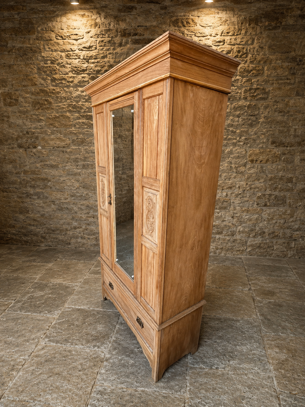Antique Pine Mirrored Wardrobe – Late Victorian / Edwardian, Circa 1900