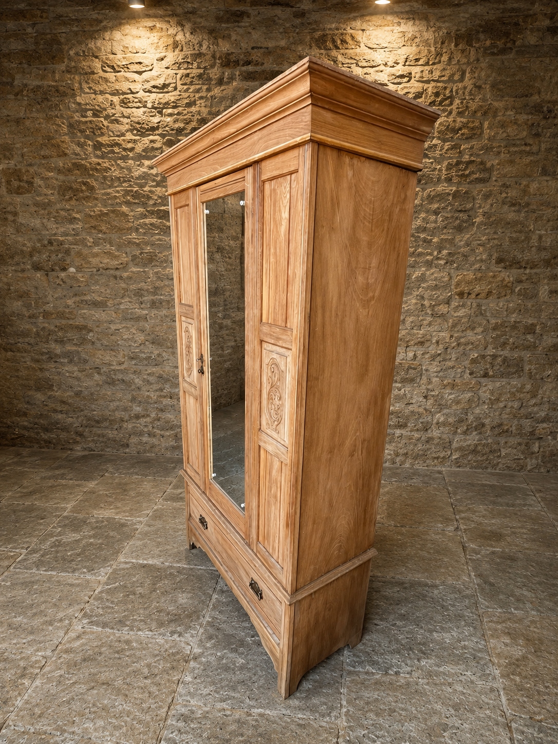Antique Pine Mirrored Wardrobe – Late Victorian / Edwardian, Circa 1900