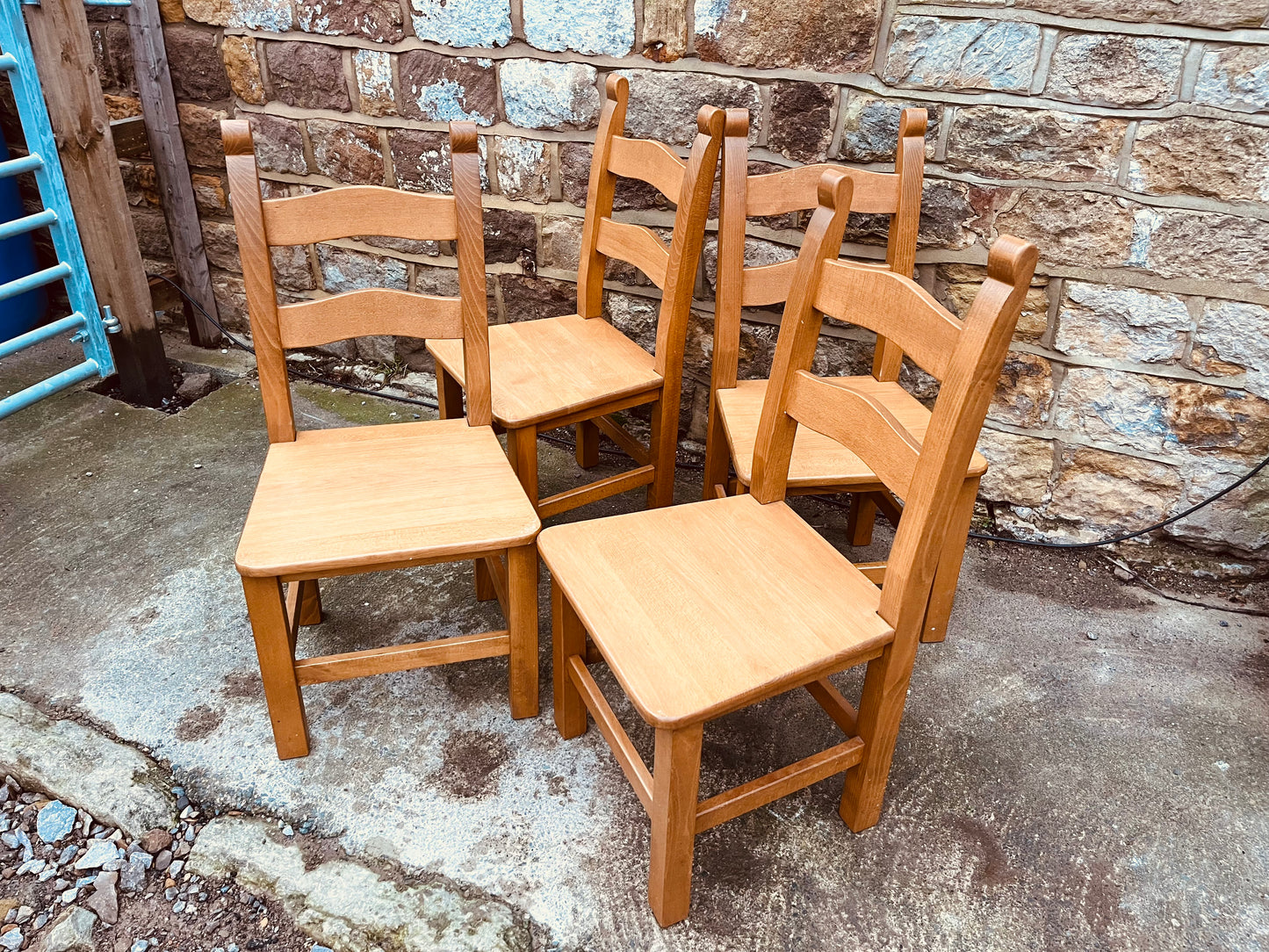 Set of Four Vintage Solid Oak Ladderback Dining Chairs