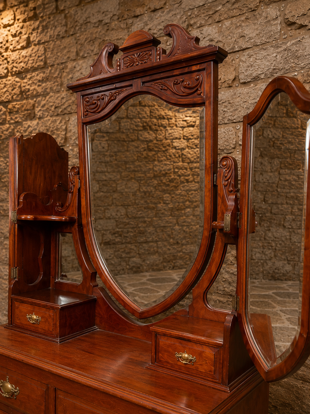 Antique Edwardian Mahogany Dressing Table with Original Triple Swing Mirrors | Art Nouveau Vanity Chest | Circa 1905