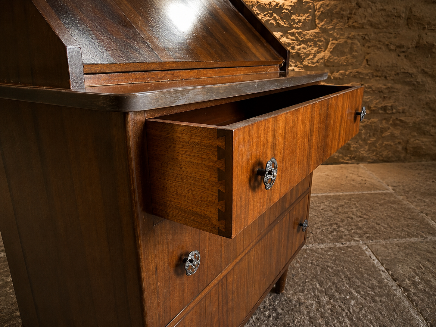 Mid Century Teak Bureau Chest with Fall Front Writing Desk