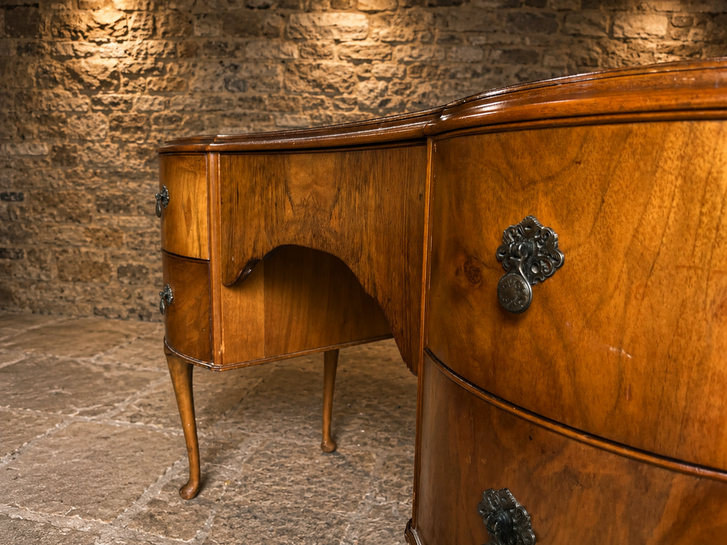 Antique Queen Anne Revival Walnut Kneehole Desk | 1930s Walnut Writing Desk | Vintage Dressing Table