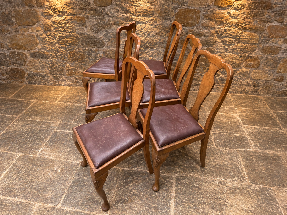 Set of Six Antique Queen Anne Style Walnut Dining Chairs – c.1930