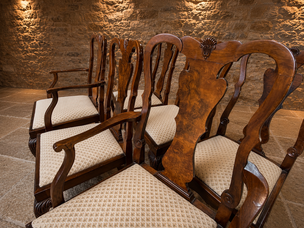 Set of 6 Queen Anne Style Dining Chairs | Mahogany & Burr Walnut Dining Chairs | Vintage English Dining Suite | 4 Chairs & 2 Carvers