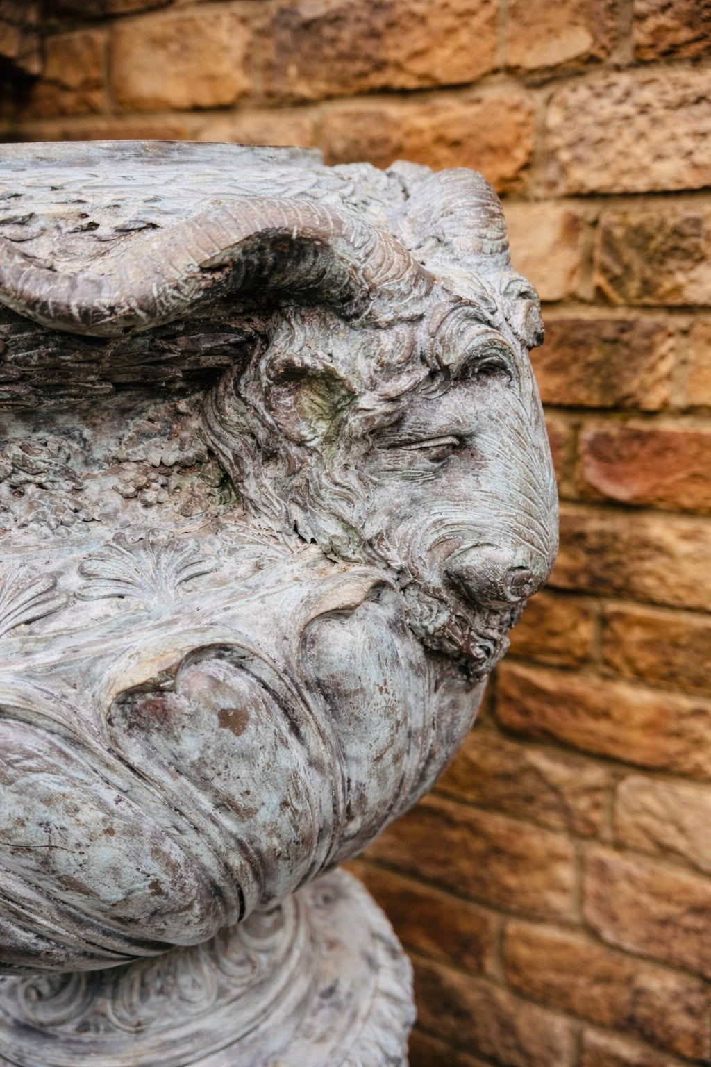 Pair of Large Bronze Neoclassical Garden Urns with Rams Head Detail – Verdigris Patina