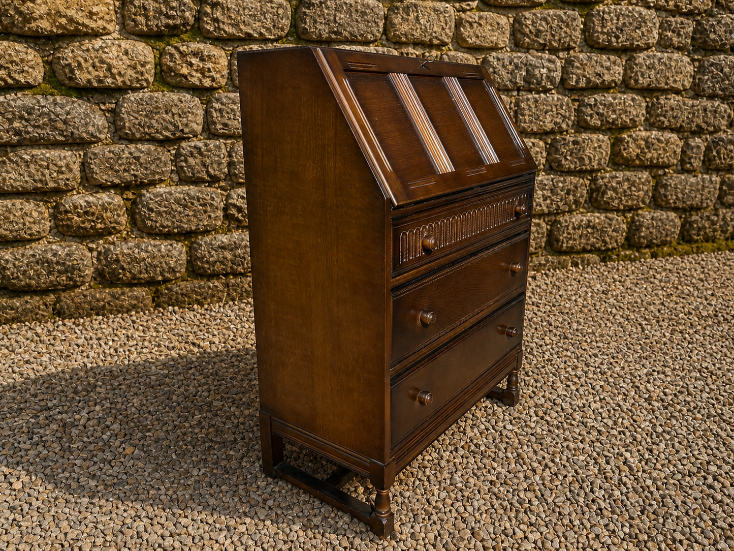 Vintage Oak Writing Bureau Desk – Georgian Style Mid Century Fall Front Secretary with Storage
