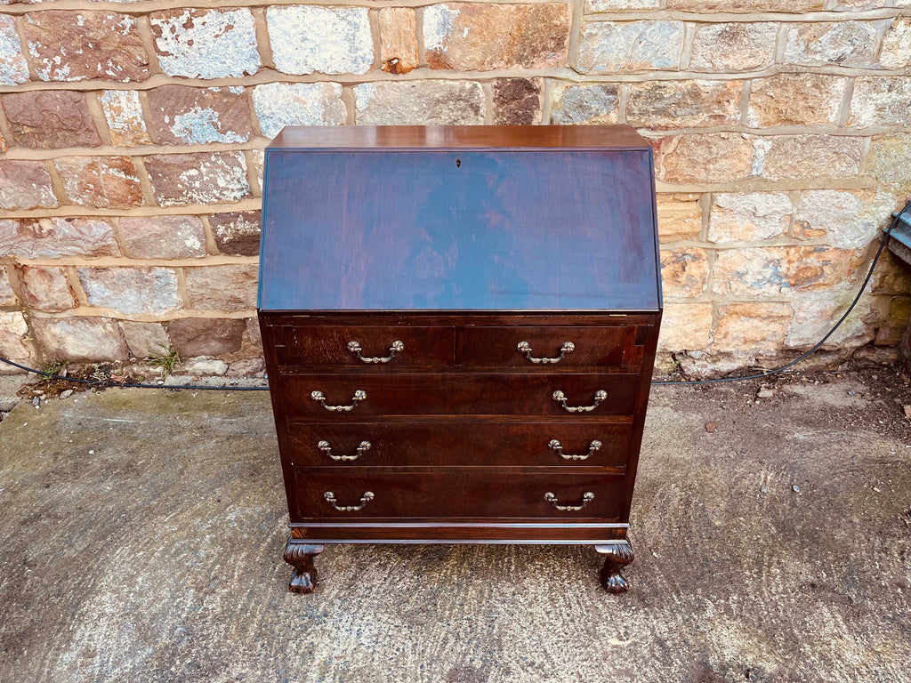 Mahogany Bureau Writing Desk with Drop Front & Ball & Claw Feet – Vintage Home Office Storage (c.1920–1940)