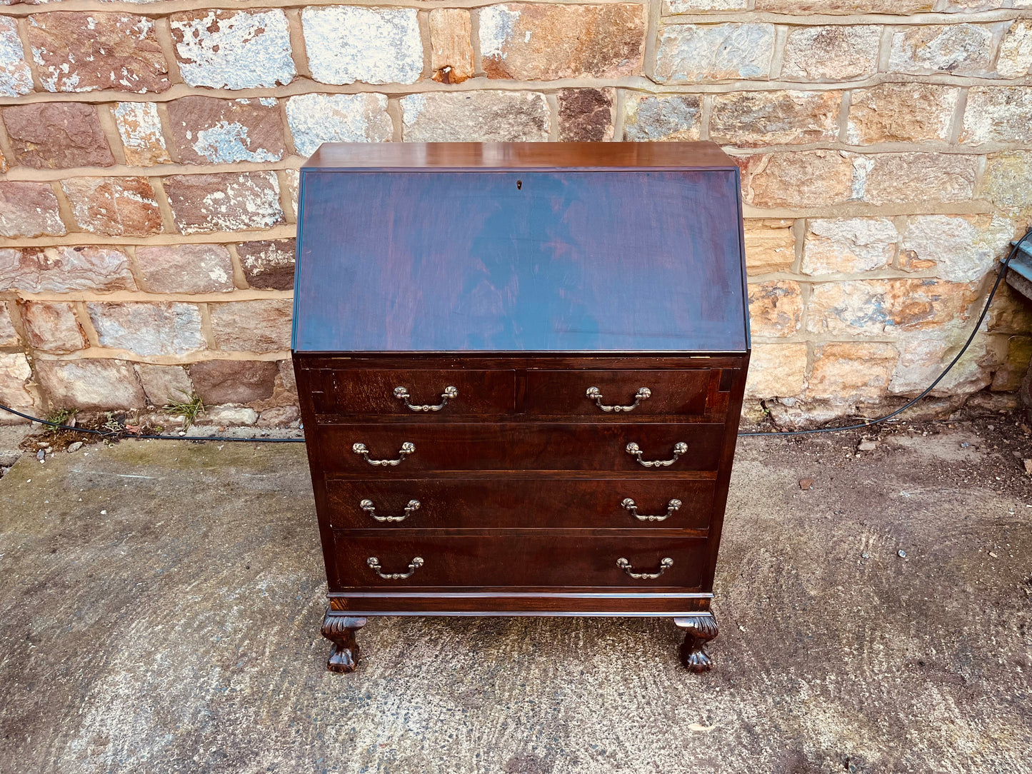 Mahogany Bureau Writing Desk with Drop Front & Ball & Claw Feet – Vintage Home Office Storage (c.1920–1940)
