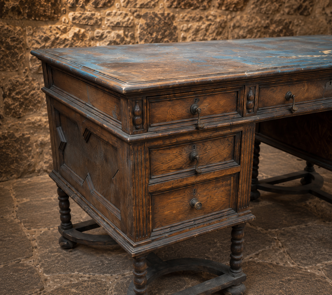 Antique Oak Pedestal Writing Desk – Circa 1900 – Victorian Edwardian Jacobean Revival Desk