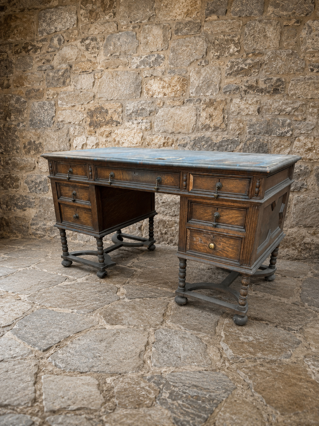 Antique Oak Pedestal Desk | Victorian Jacobean Revival Office Desk | Edwardian Arts & Crafts Writing Desk | Large Oak Desk
