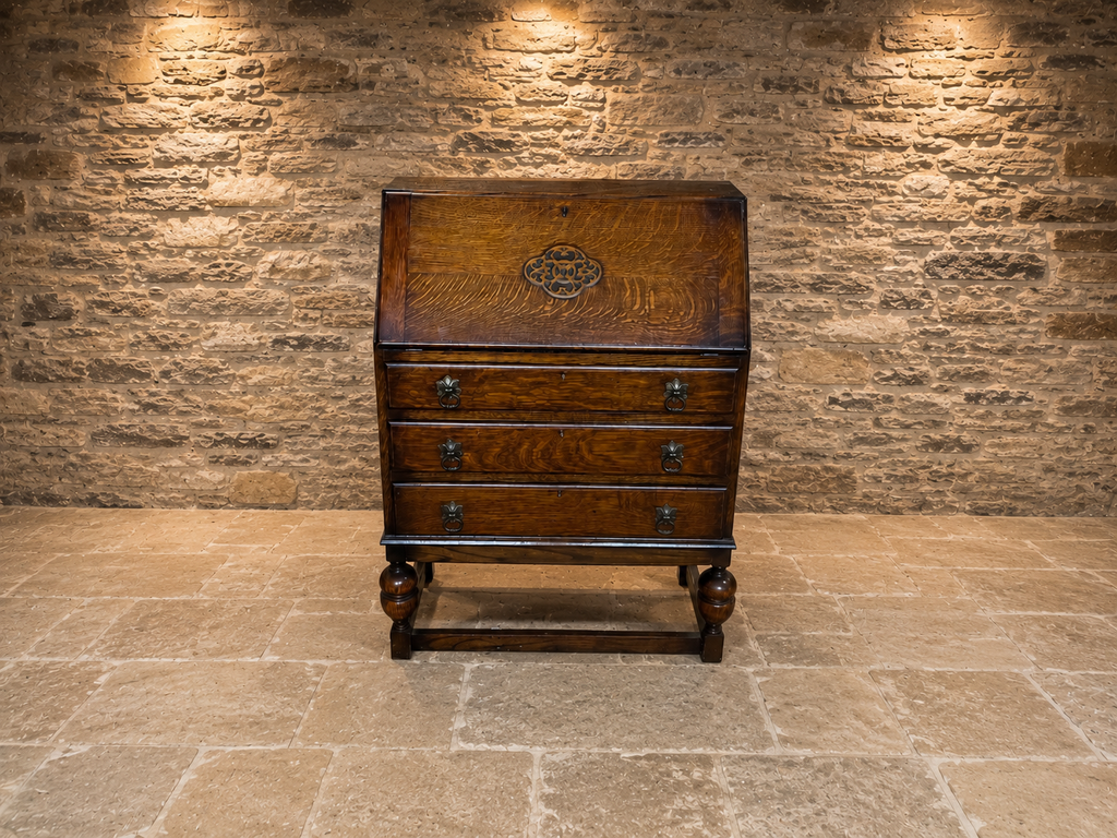 Antique Jacobean Revival Oak Bureau Writing Desk with Fitted Interior c.1930