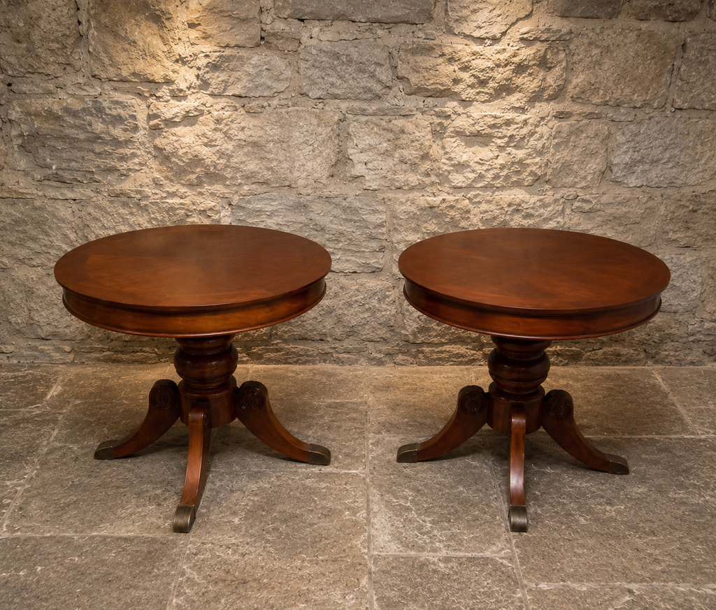 Pair of Regency Style Mahogany Lamp Tables – Vintage Round Pedestal Side Tables