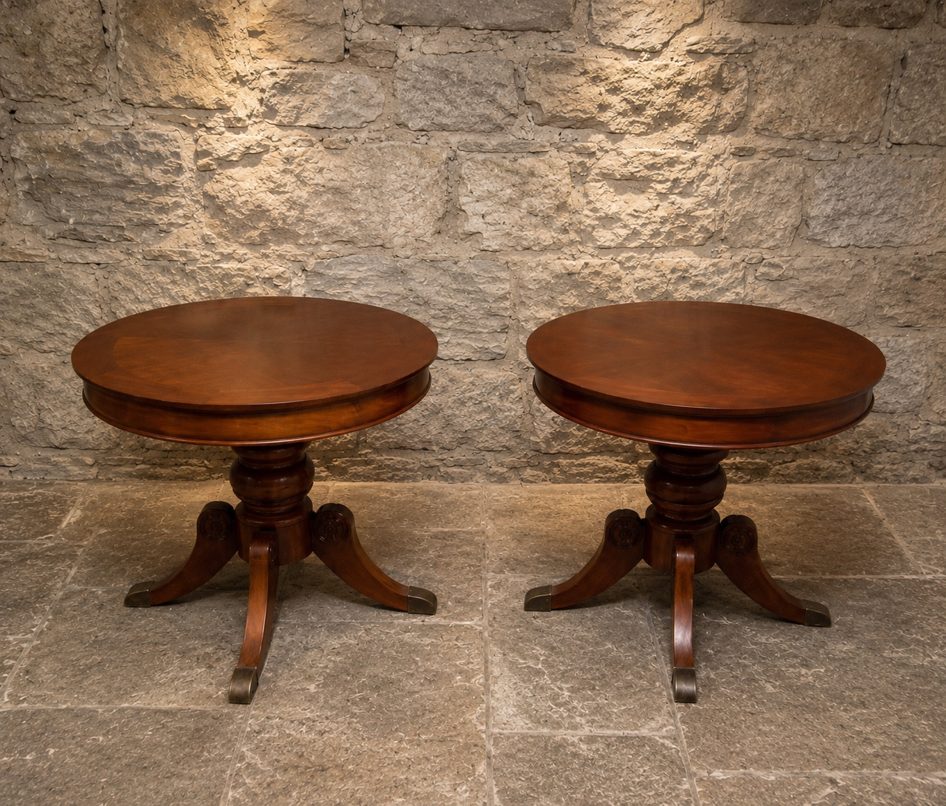 Pair of Regency Style Mahogany Lamp Tables – Vintage Round Pedestal Side Tables