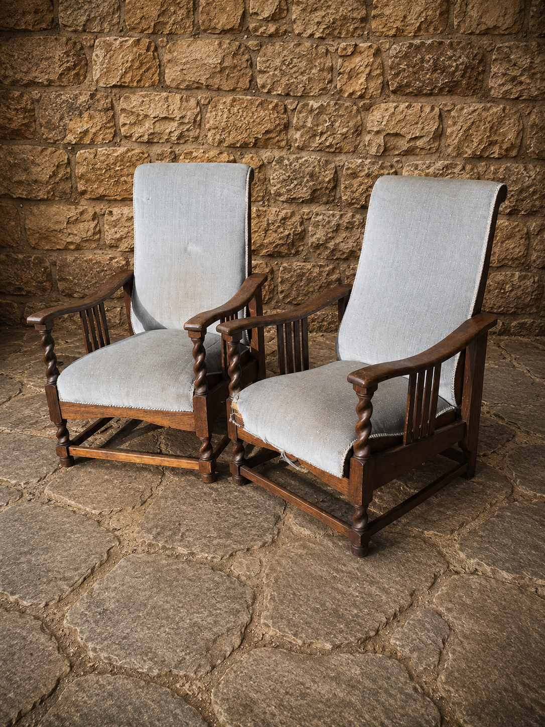 Vintage Arts & Crafts Oak Lounge Chairs Pair – 1920s Rustic Armchairs