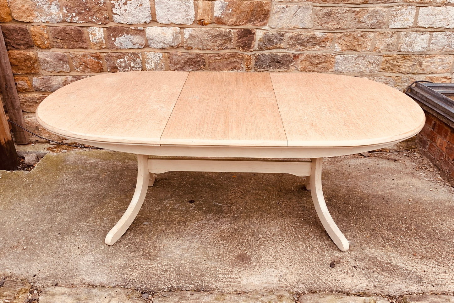 Large Solid Oak Extendable Oval Dining Table with Sanded Natural Top & Painted Base
