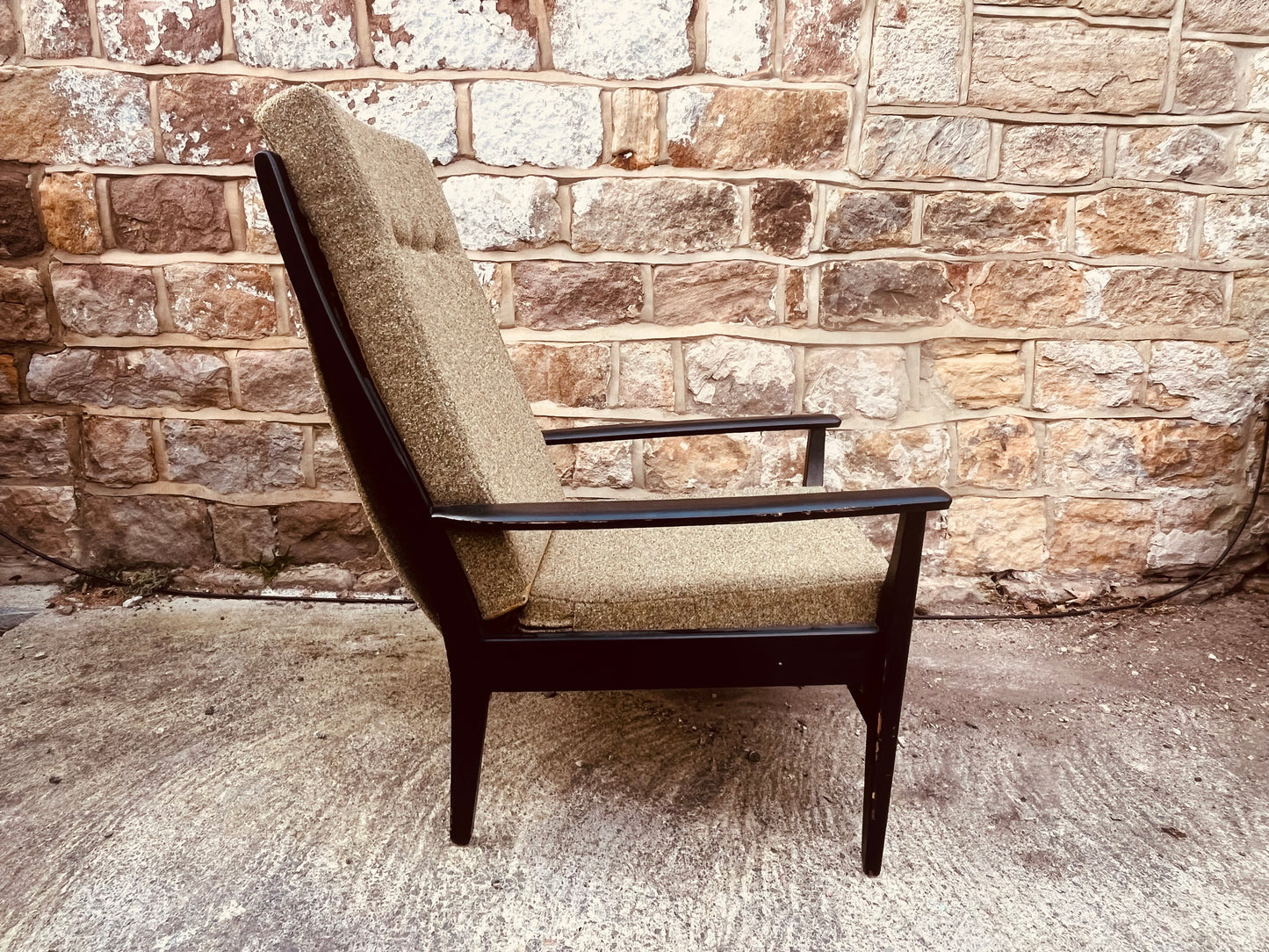 Mid-Century Modern Armchair – Textured Tweed & Black Wooden Frame