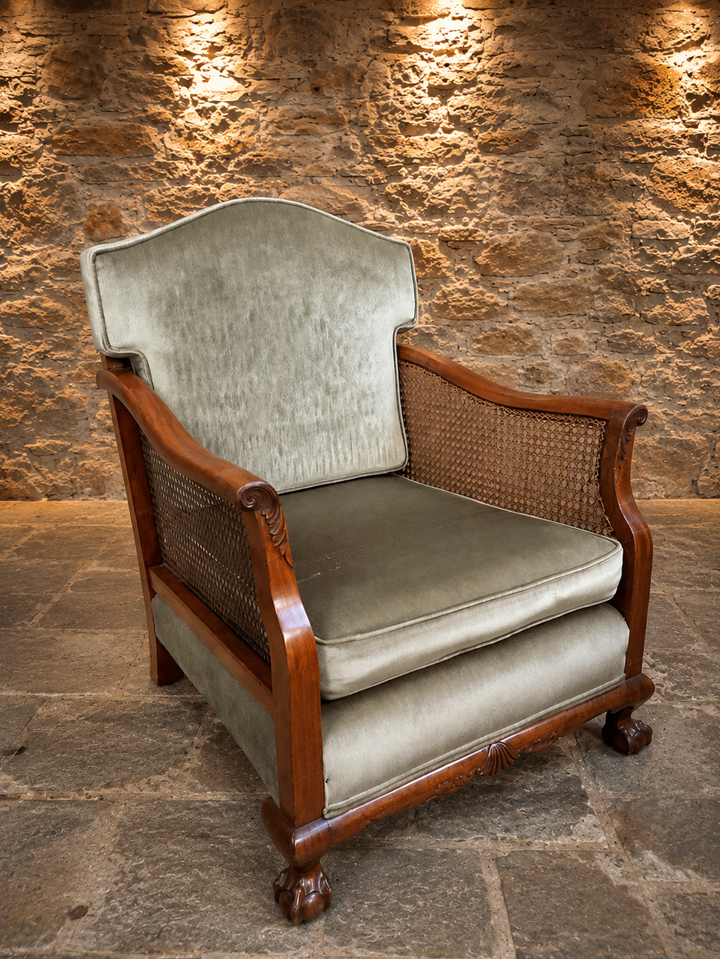 Antique Mahogany Bergère Armchair – Cane Panelled Regency Style Library Chair