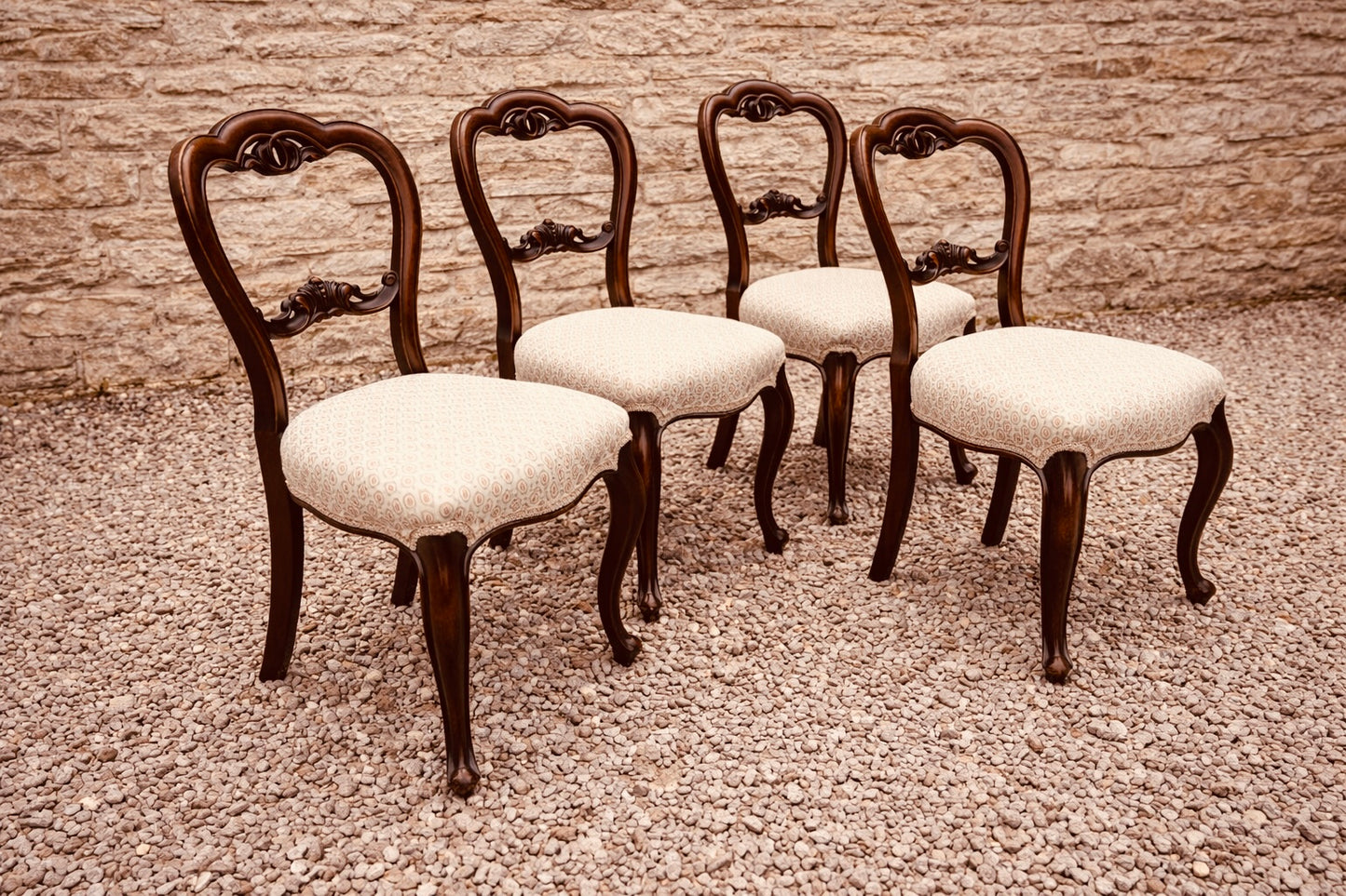 Set of 4 Vintage French Style Dining Chairs, Cabriole Leg Walnut Chairs, Louis XV Influence (1930s)