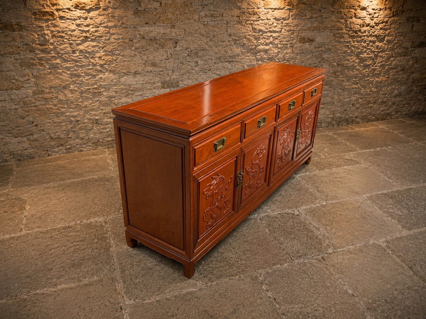 Vintage Chinese Carved Dragon Hardwood Sideboard – Four Door Oriental Cabinet