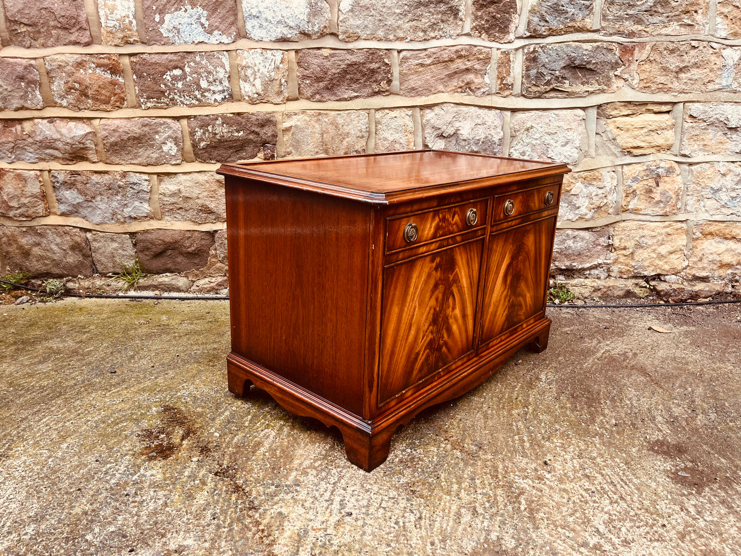 Mahogany Vintage Storage Cabinet – Flame Veneer & Brass Knobs