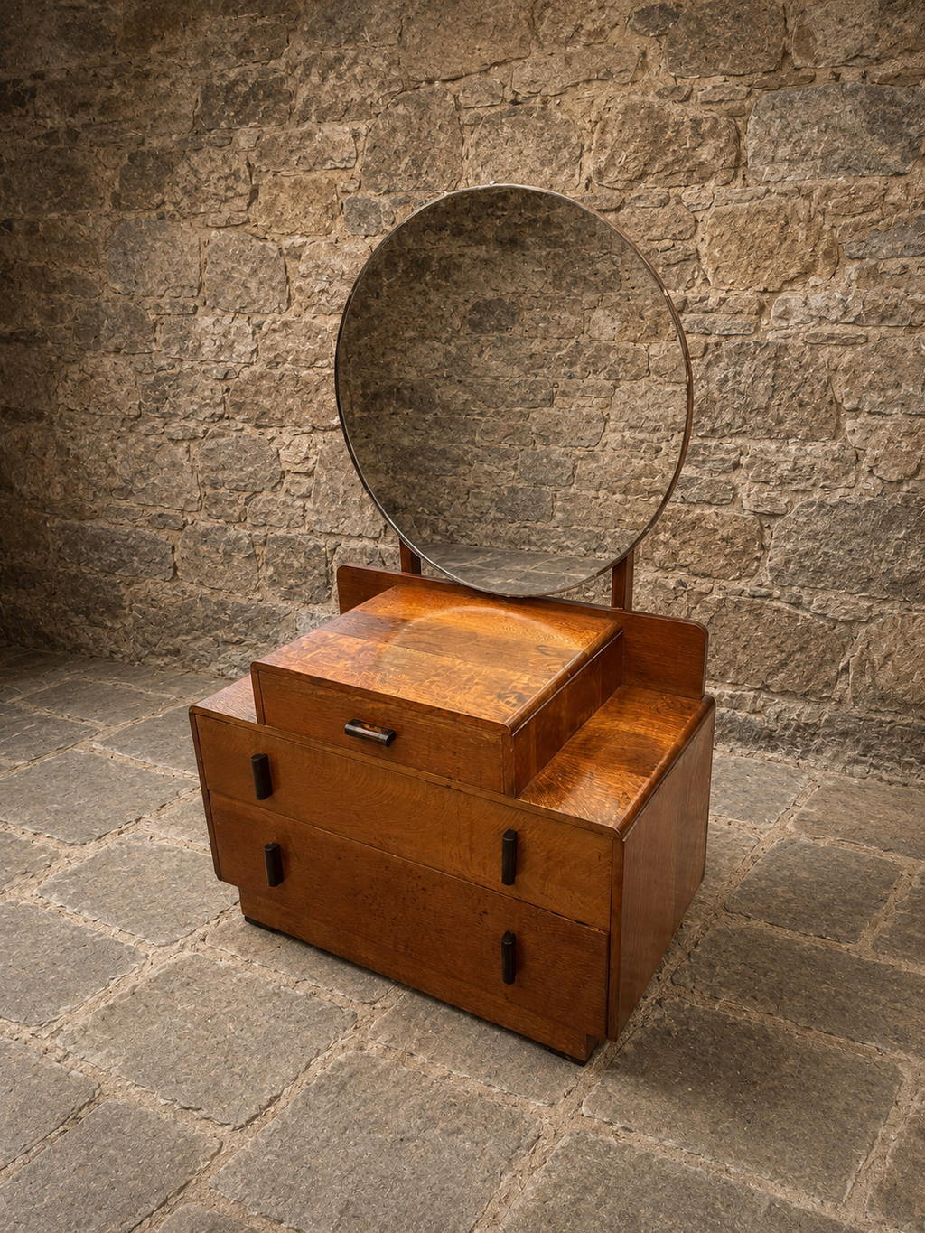 Art Deco Oak Dressing Table with Oval Mirror | Antique 1930s Vanity Chest