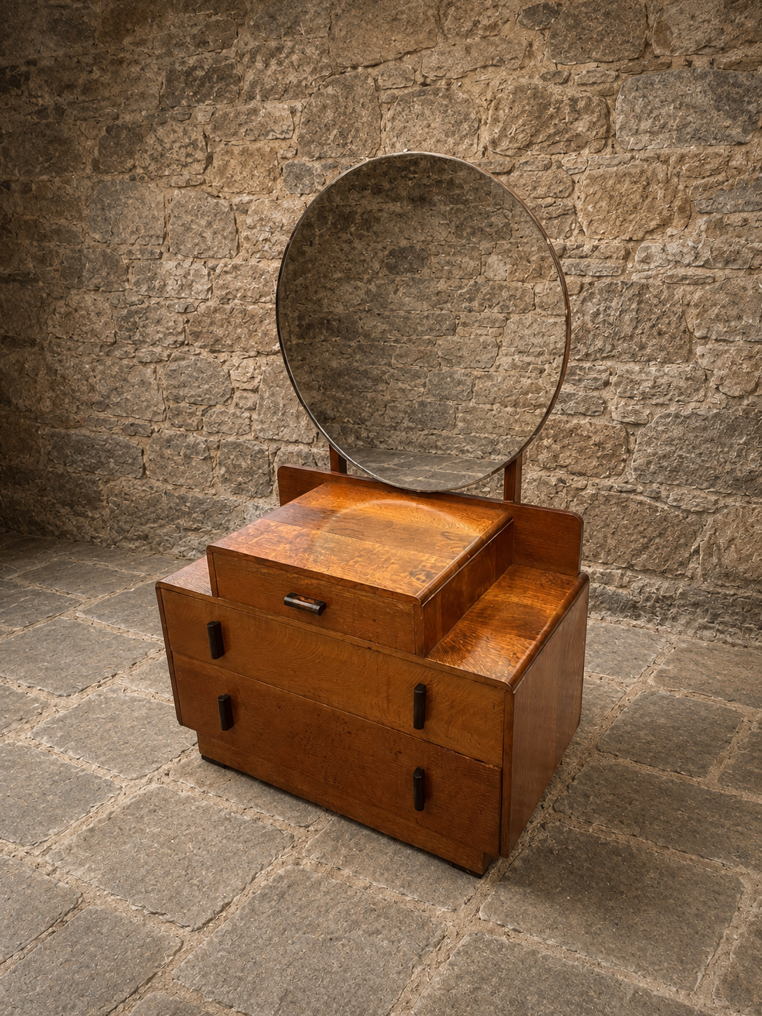 Art Deco Oak Dressing Table with Oval Mirror | Antique 1930s Vanity Chest
