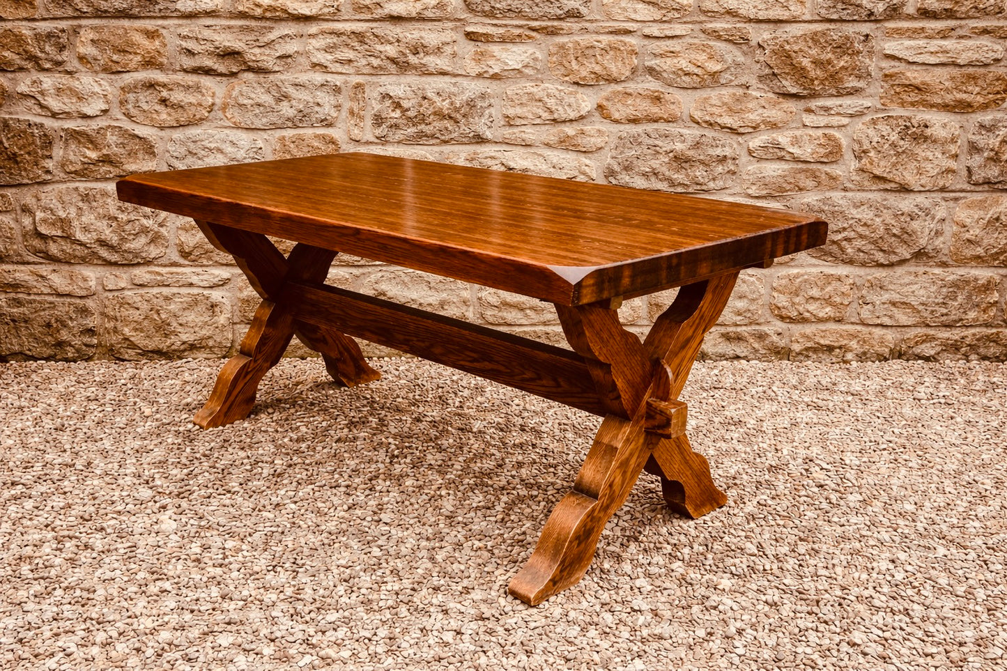 Large Solid Oak Refectory Coffee Table – Rustic X Frame Trestle Base