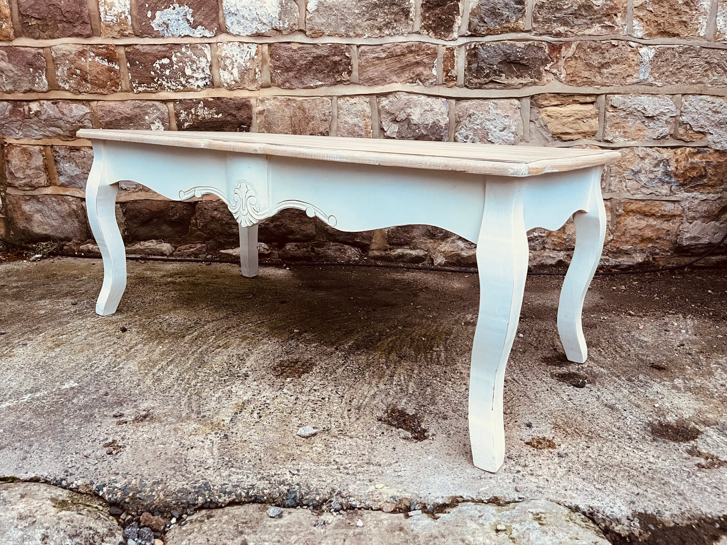 Rare French Farmhouse Coffee Table – Hand-Finished with Limed Wood Top