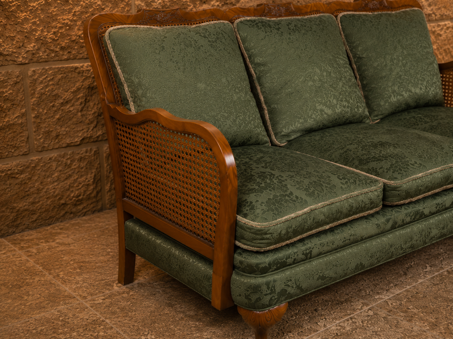 Vintage Art Deco Bergère Three Seater Sofa | Walnut & Cane Sofa | Elegant French Style Vintage Seating
