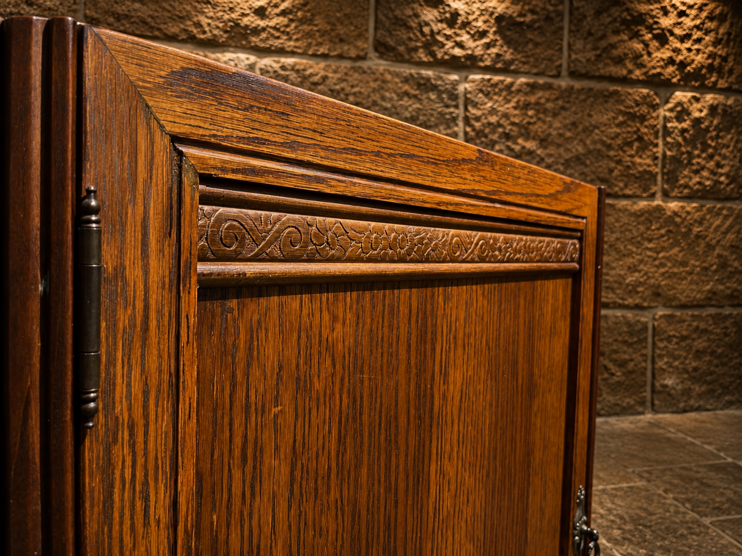 Antique Oak Corner Cabinet | Arts & Crafts Corner Cupboard | Jacobean Revival Oak Storage Cabinet