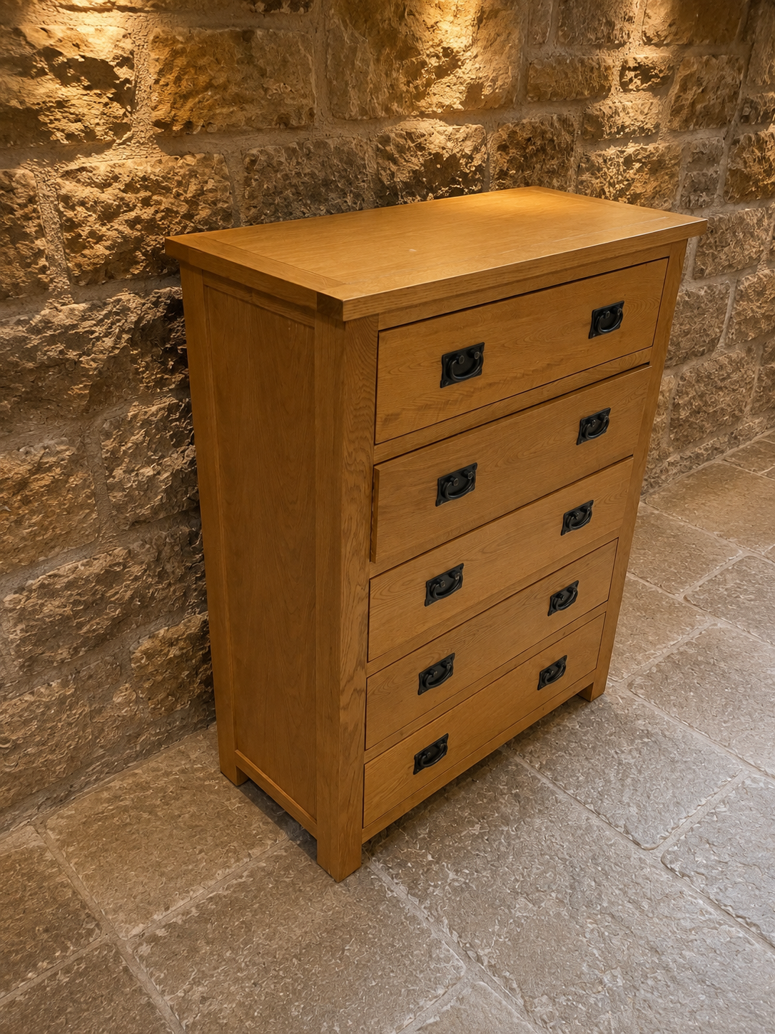 Solid Oak Tallboy Chest of Drawers – Five Drawer Arts & Crafts Style