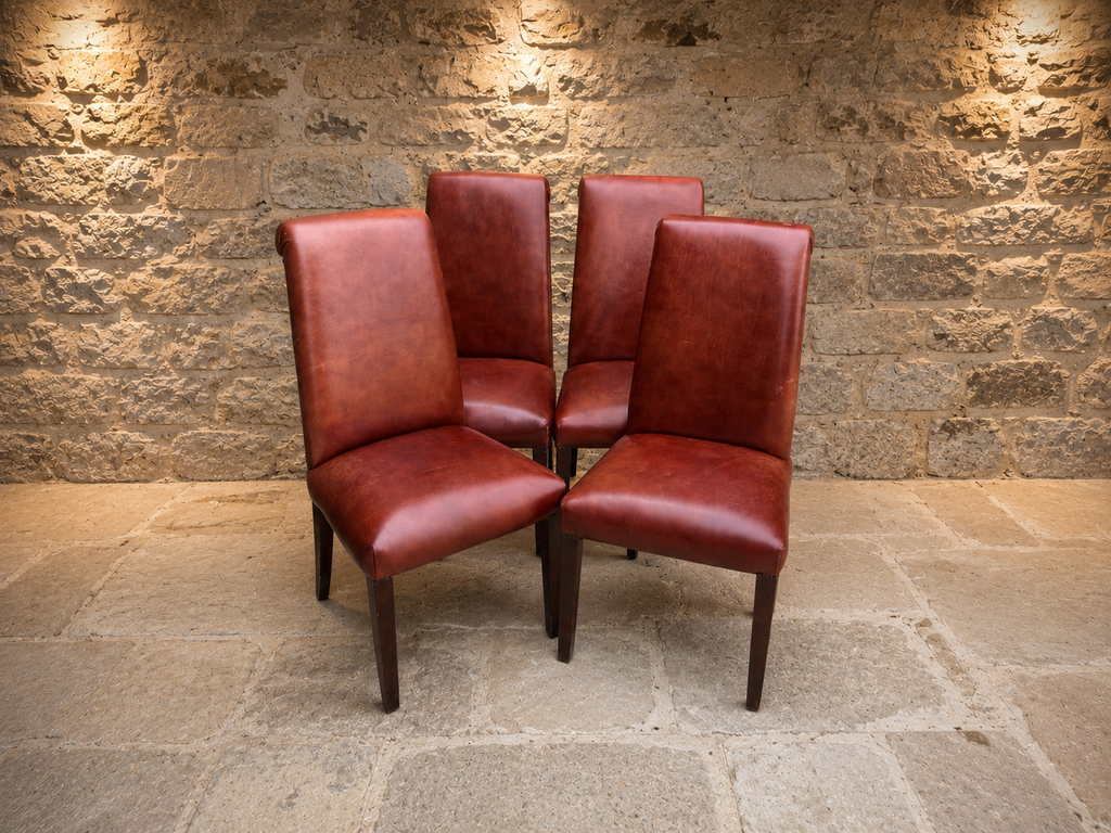 Set of 4 Vintage Oxblood Leather Dining Chairs – High Back Country House Chairs