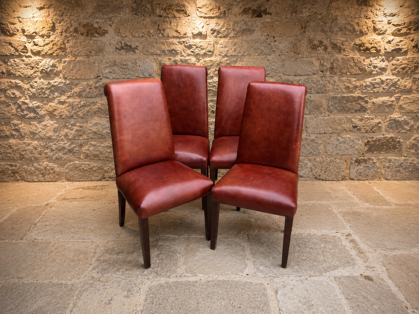 Set of 4 Vintage Oxblood Leather Dining Chairs – High Back Country House Chairs