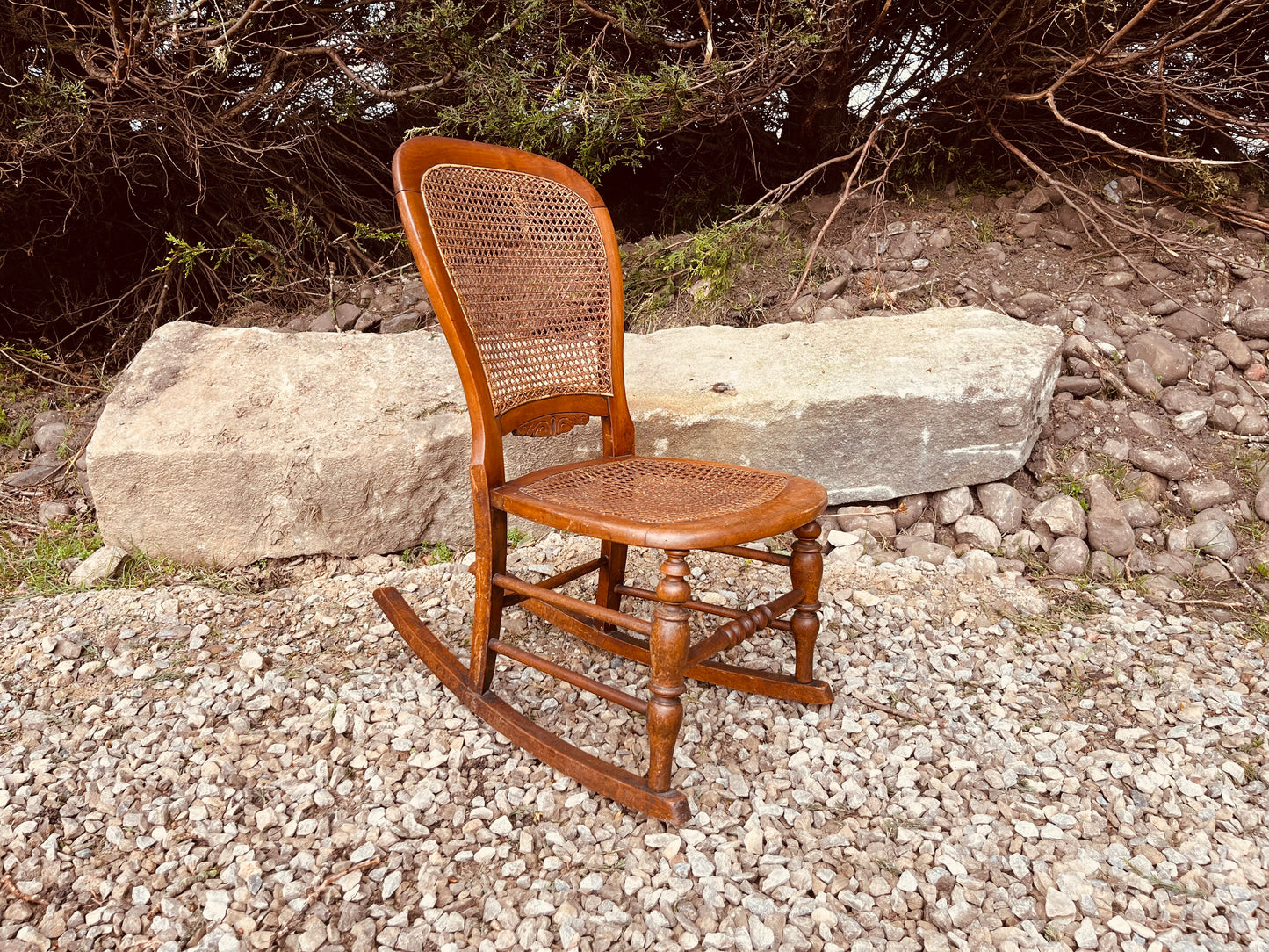 Antique Victorian Cane Rocking Chair – Rustic Wooden Farmhouse Rocker