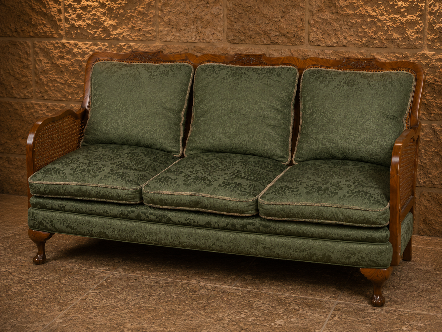 Vintage Art Deco Bergère Three Seater Sofa | Walnut & Cane Sofa | Elegant French Style Vintage Seating