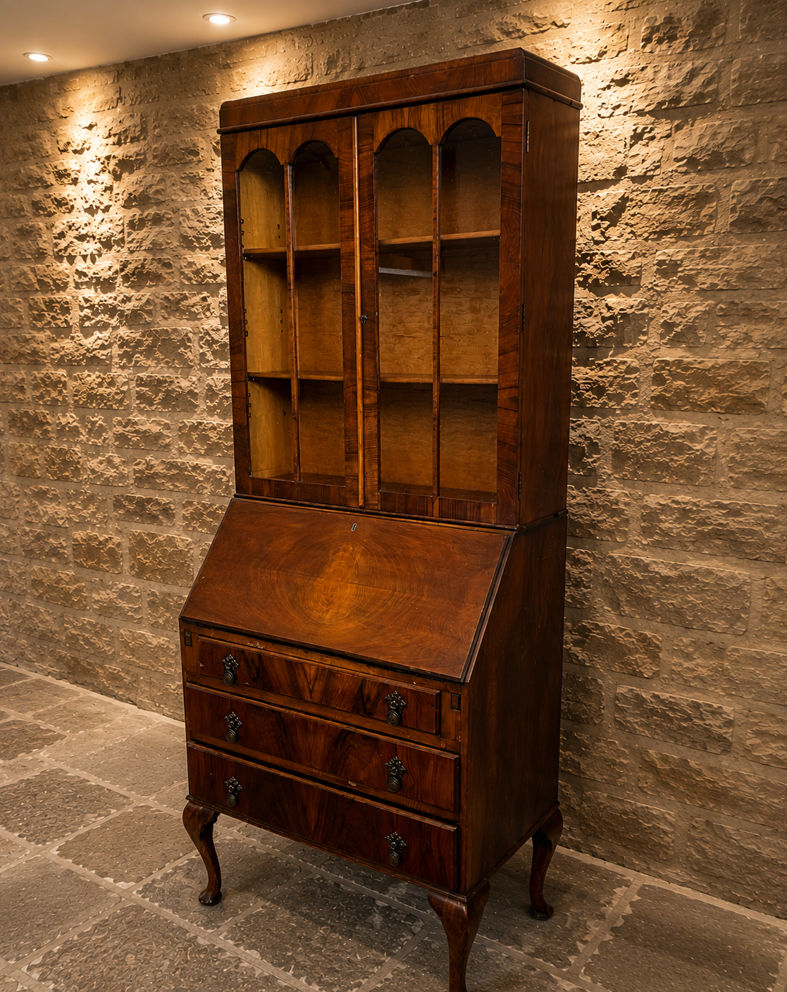 Antique Figured Walnut Bureau Bookcase | George III Style Secretary Cabinet | Glazed Display Bureau | English c.1920–1940