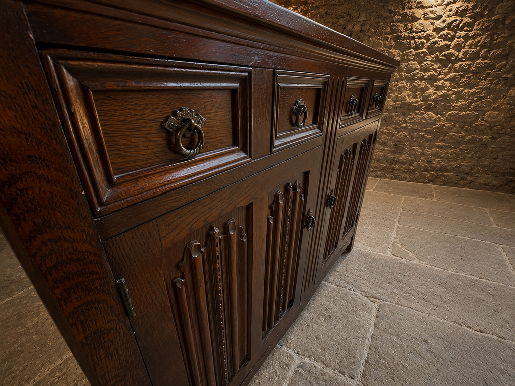 Solid Oak Gothic Revival Sideboard | Vintage English Oak Buffet Cabinet | Rustic Farmhouse Storage Cabinet | Tudor Style Sideboard