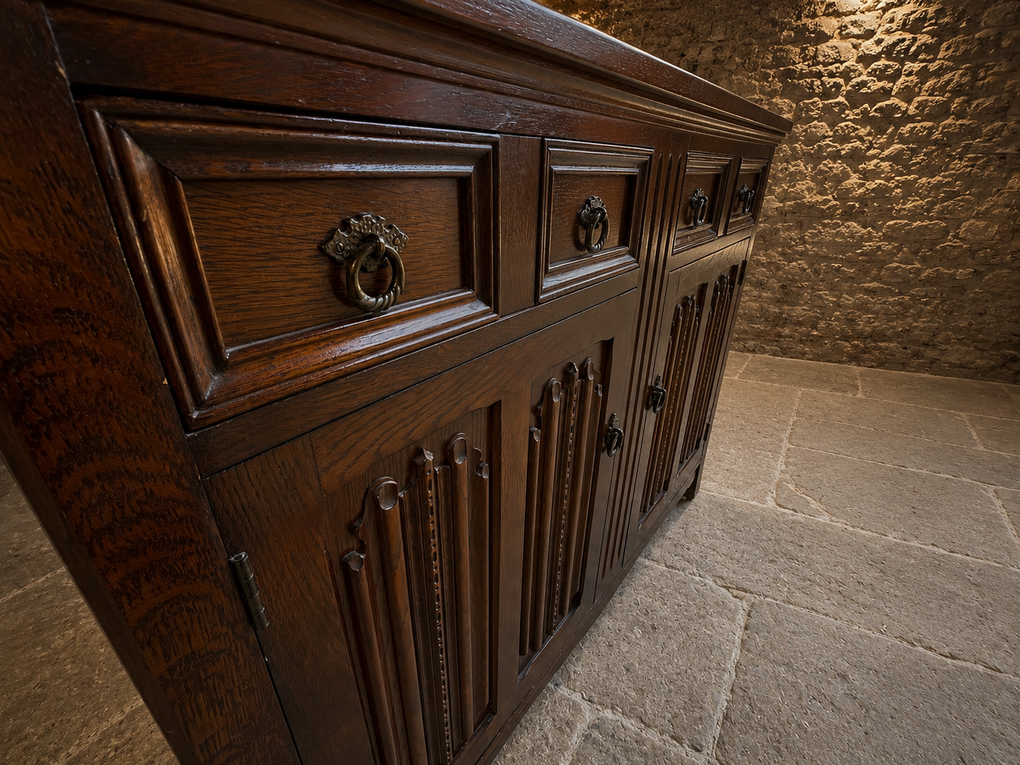 Solid Oak Gothic Revival Sideboard | Vintage English Oak Buffet Cabinet | Rustic Farmhouse Storage Cabinet | Tudor Style Sideboard