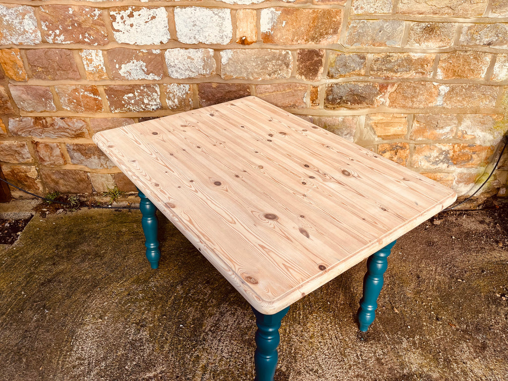 Vintage Pine Table – Refinished Top & Teal Turned Legs