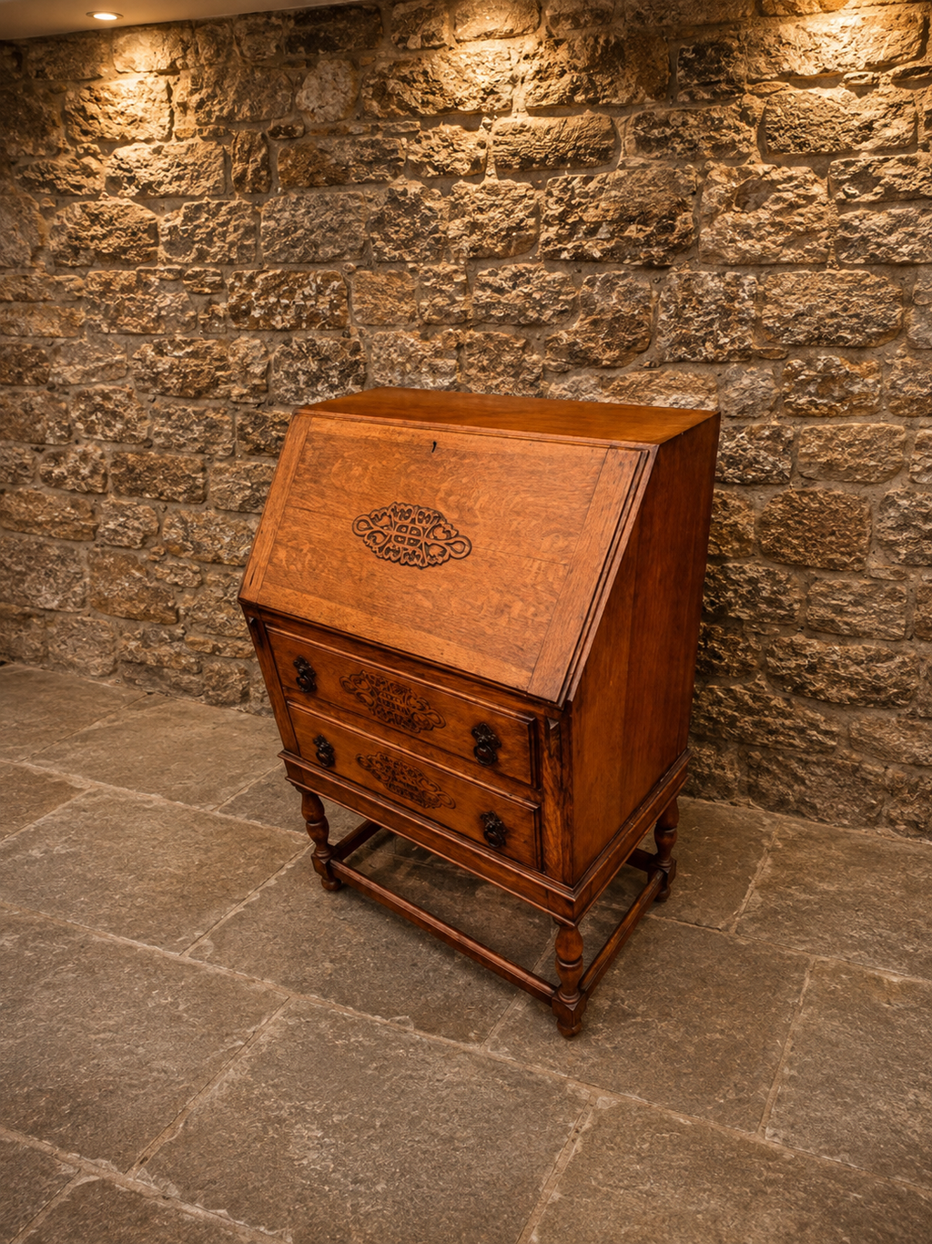 Antique Edwardian Oak Writing Bureau c.1900 – Decorative Fall Front Desk