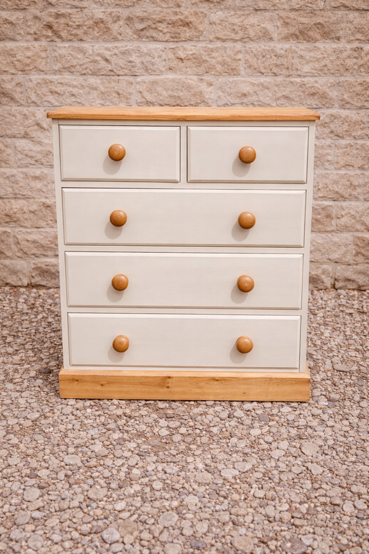 Rustic Pine Chest of Drawers – Shadow White with Stripped Top & Base