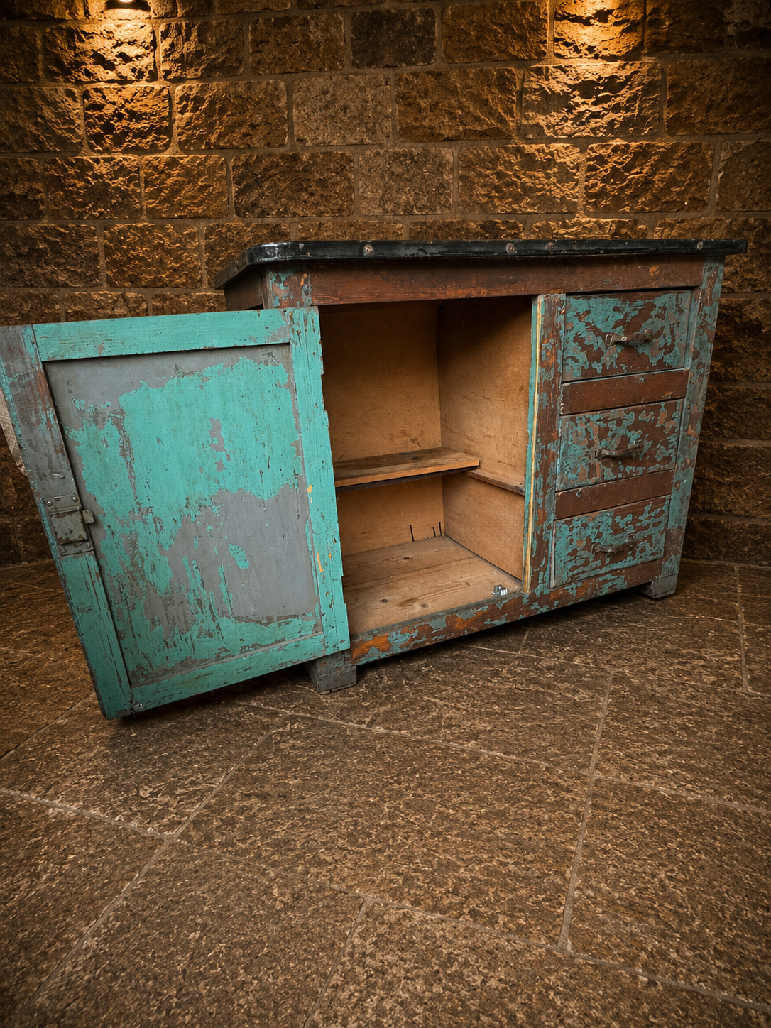 Antique Industrial Pine Sideboard | Original Painted Workshop Cabinet | Metal Top Storage Cabinet | Rustic Kitchen Island