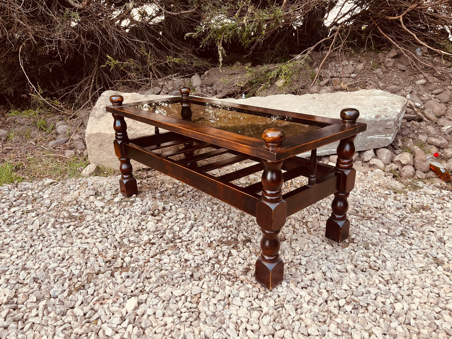 Vintage Mahogany Coffee Table with Glass Top and Shelf