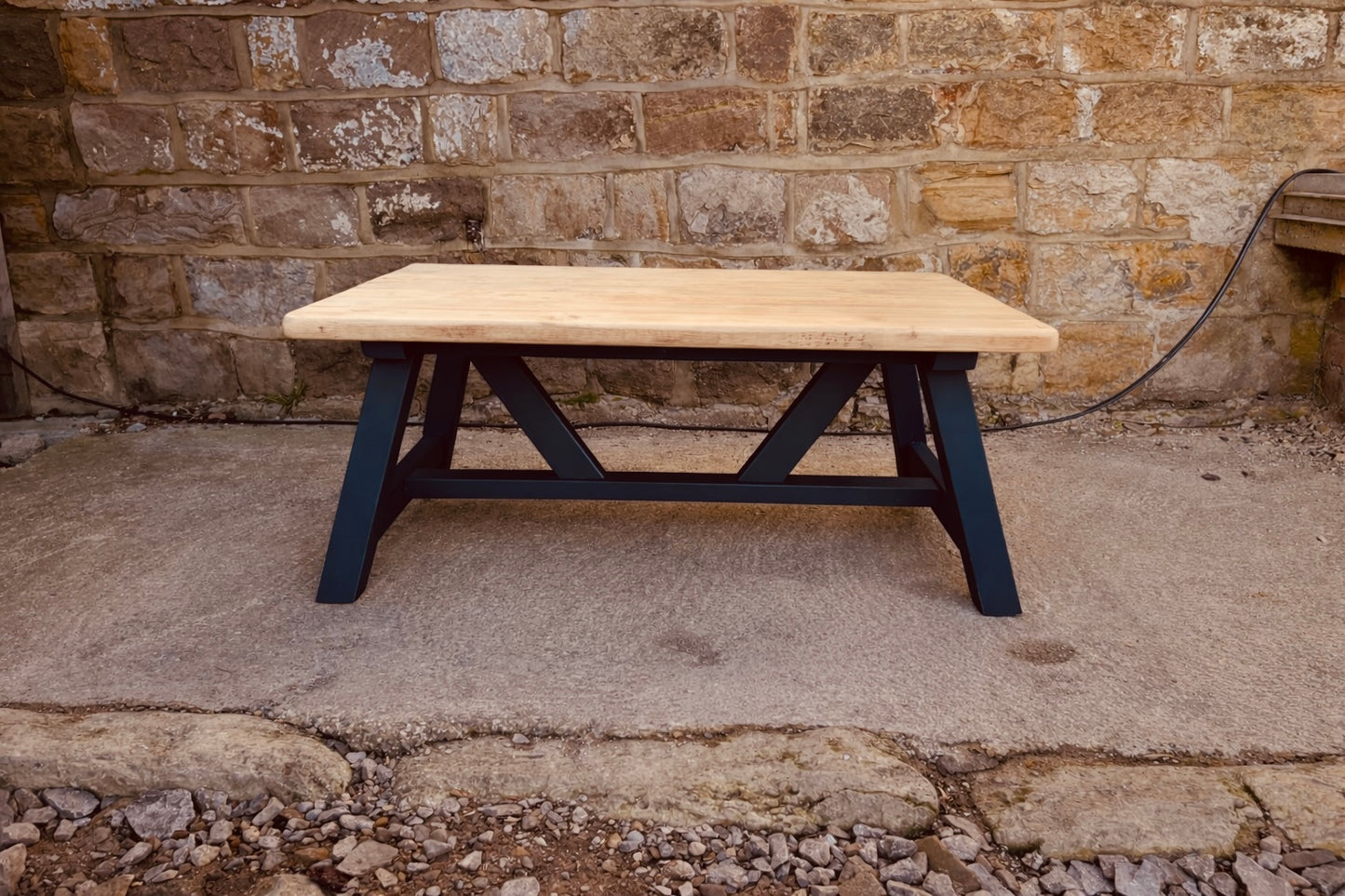 Handcrafted Solid Wood Farmhouse Coffee Table – Natural Top & Navy Blue Base