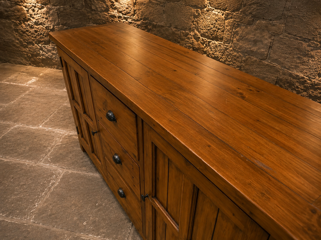 Large Rustic Pine Farmhouse Sideboard – 3 Drawer & Double Cupboard Storage Cabinet
