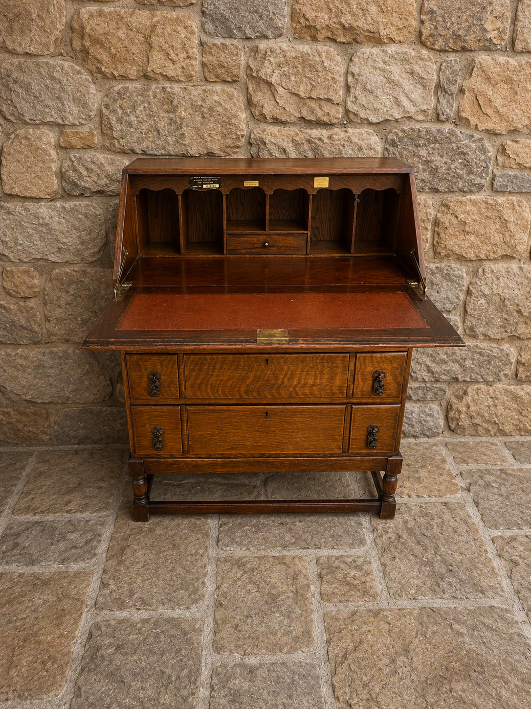 Antique Tiger Oak Bureau Desk | Victorian Fall Front Writing Bureau | Edwardian Oak Secretary Desk | Arts & Crafts Bureau
