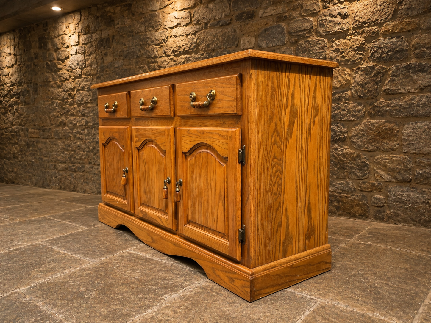 Vintage Solid Oak Country Sideboard – Large Three Drawer Farmhouse Storage Cabinet