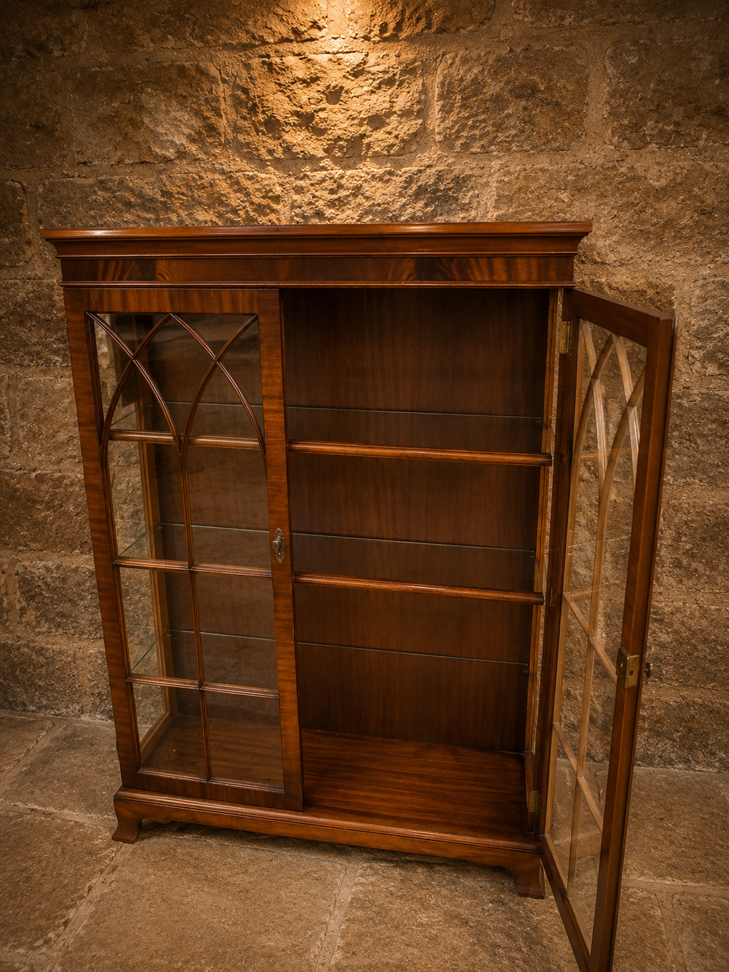 Antique Regency Flame Mahogany Glazed Bookcase Display Cabinet with Gothic Astragal Doors | c.1825–1845