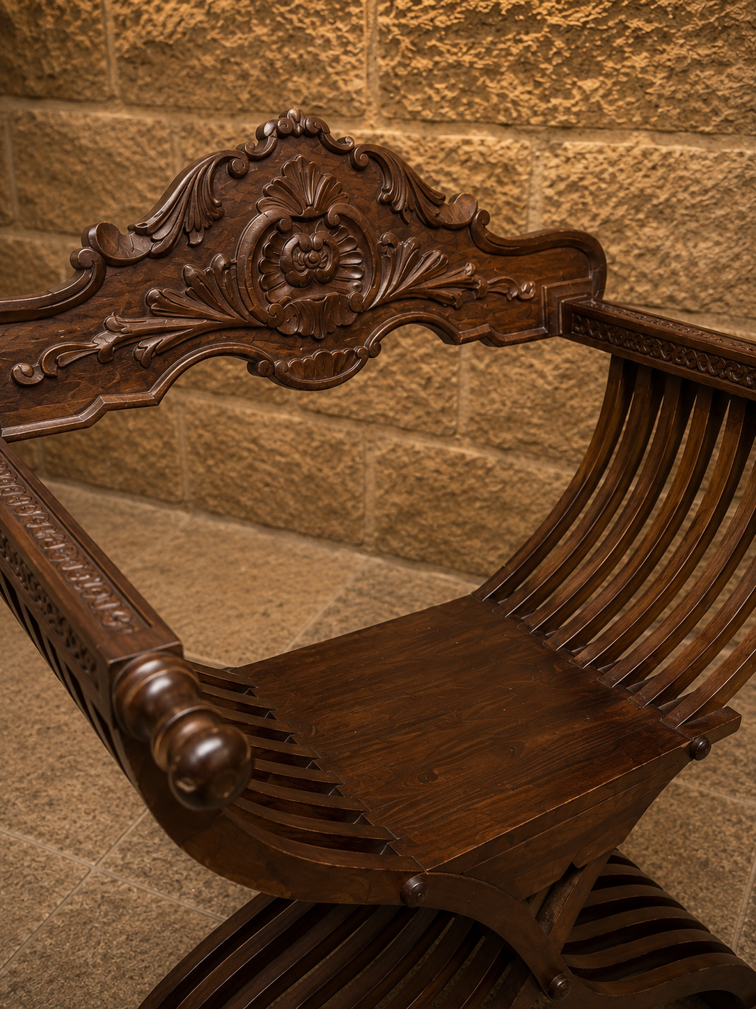 Vintage Savonarola Chair | Italian Renaissance Style X-Frame Accent Chair | Carved Wooden Hall Chair