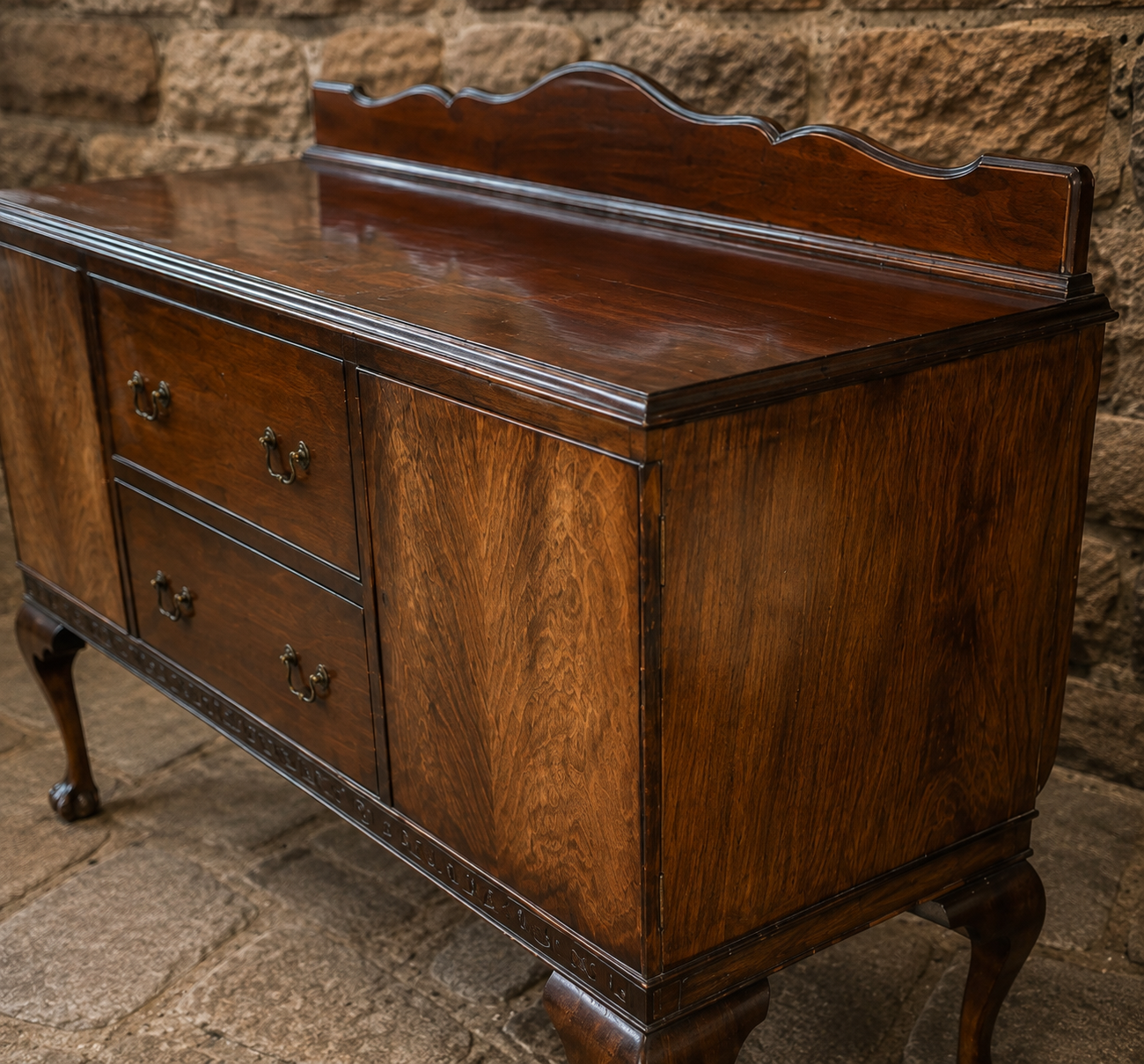 Antique Chippendale Revival Figured Walnut Sideboard – Circa 1920 – Ball & Claw Feet